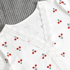 Women's Summer Fall V-neck Lace Cherry Print Pajama Set Slim Fit Short Sleeve Shorts & Pants Home Loungewear