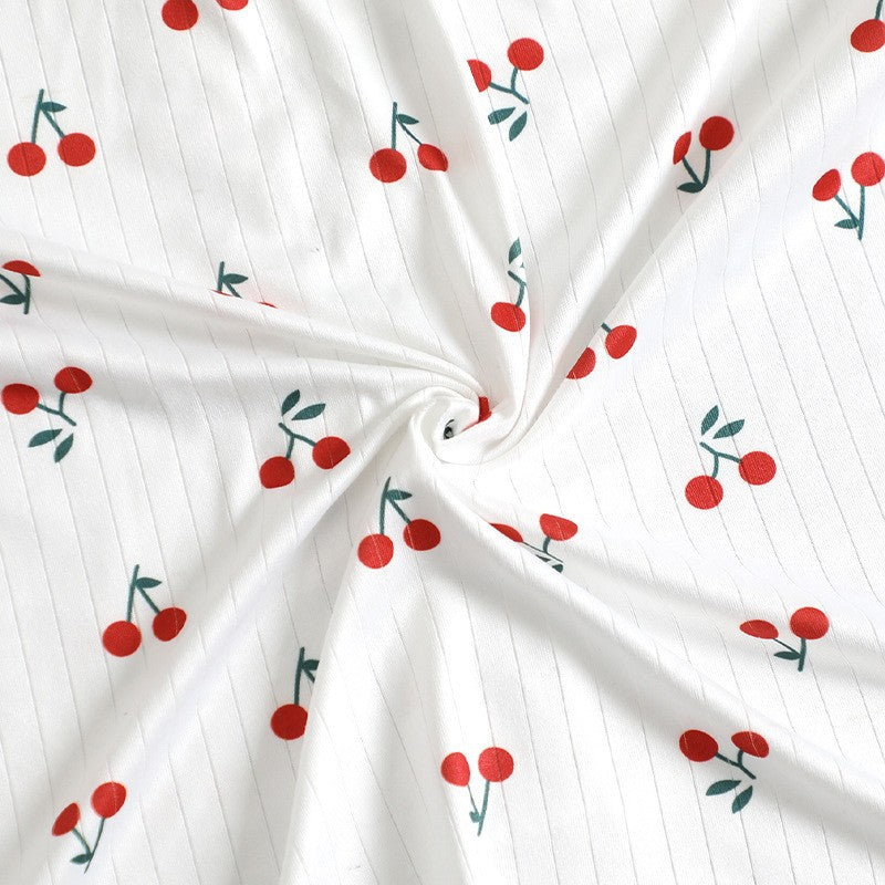 Women's Summer Fall V-neck Lace Cherry Print Pajama Set Slim Fit Short Sleeve Shorts & Pants Home Loungewear