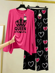 Queen Printed Pink Color Lounge Wear Nightwear Sleepwear With Heart Prinred Trouser For Women By Aua Garments